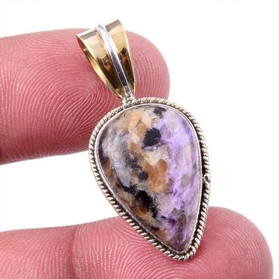 Natural Charoite Gemstone 925 Solid Sterling Silver Two Tone Pendant 1.25" g5E88