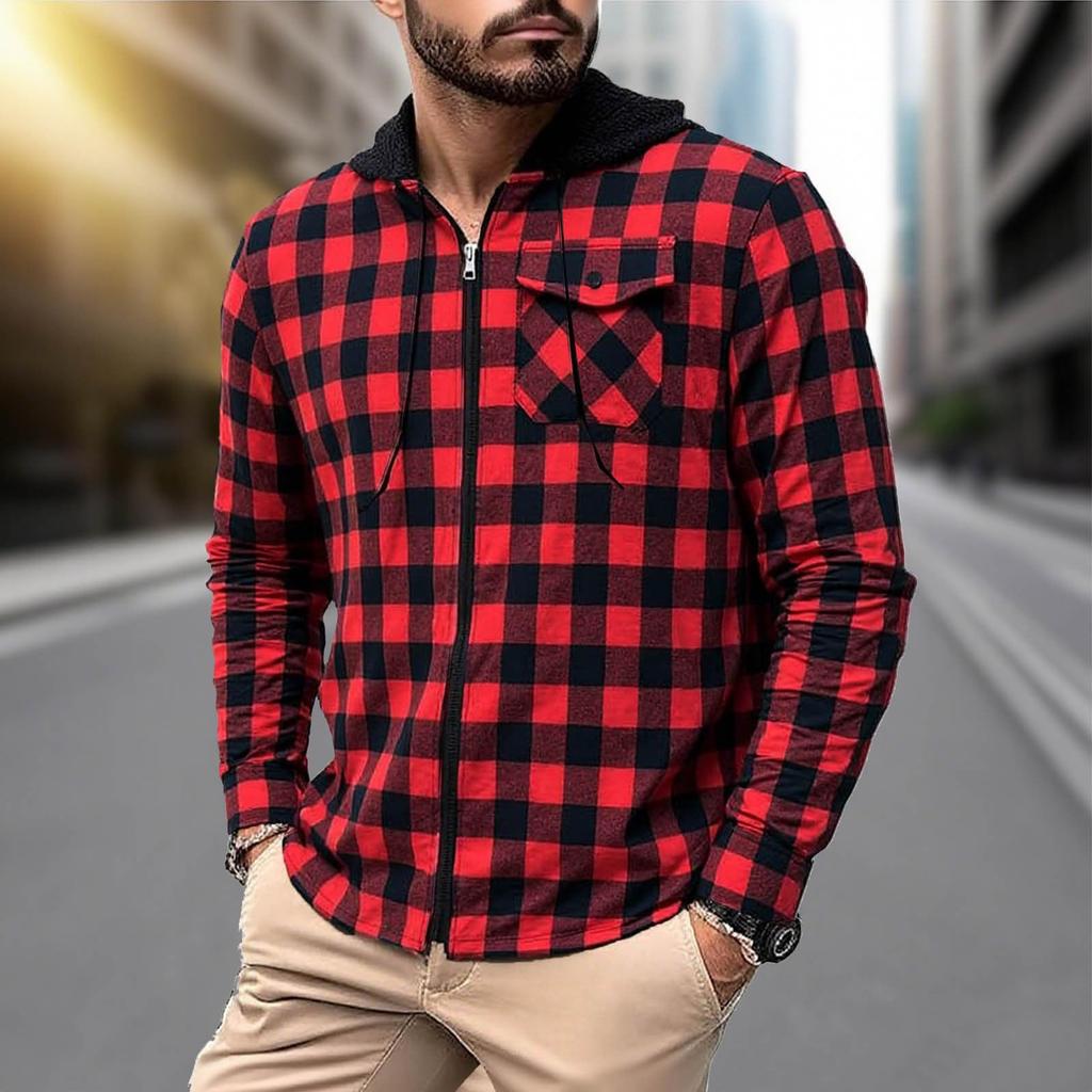 Mens Plaid Jackets Shirts Zip Up Hoodies Classic Casual Lightweight Fall Outerwear Outdoor Sweatshirts With Pocket