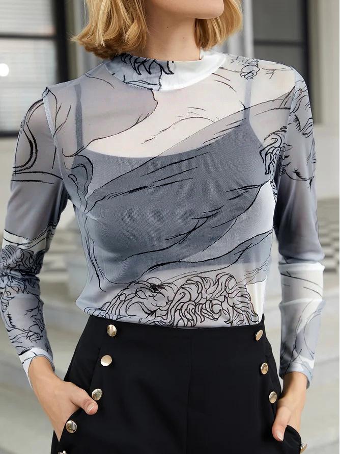 New Women's Mesh Print Slim Fit Long-Sleeve T-Shirt: European & American Spring/Autumn Fashion Trend