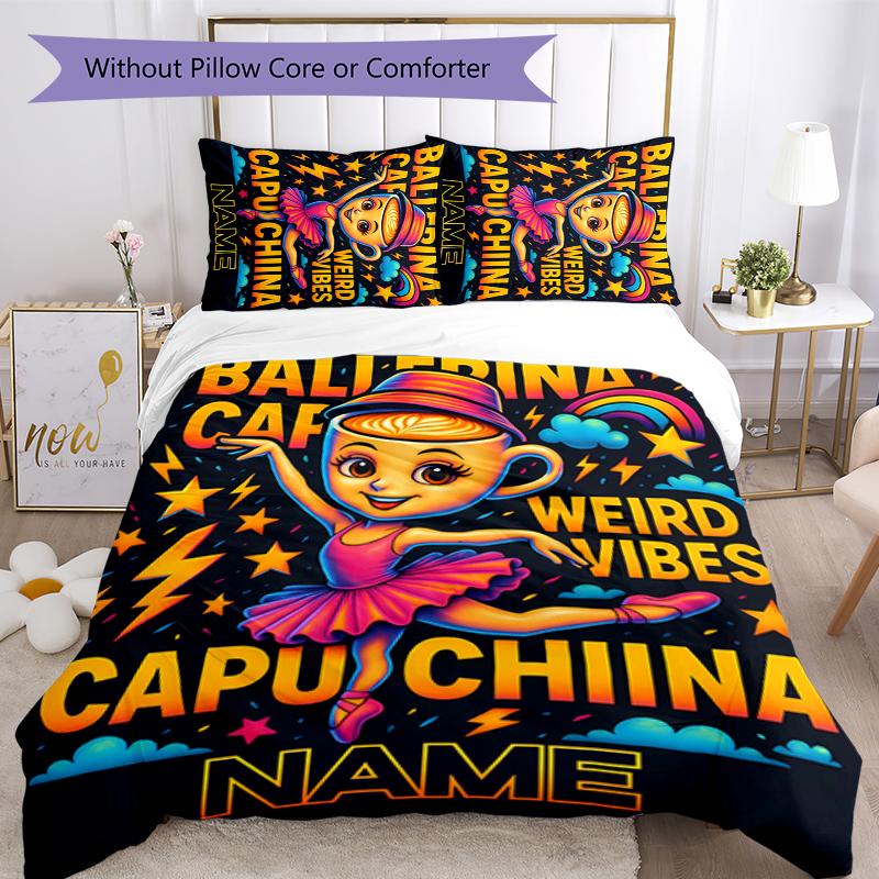 3pcs Custom Name Ballerina Capuchina Bedding Set Duvet Cover Closure Includes 1 Duvet Cover & 2 Pillowcases for All Seasons Bedroom Decor