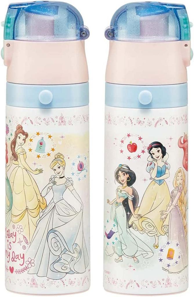 Skater Children's Water Bottle, 2-Way, 470ml (Direct Drinking) or 430ml (Cup Drinking), Disney Princess Design, Size 23, Girls, Stainless Steel,