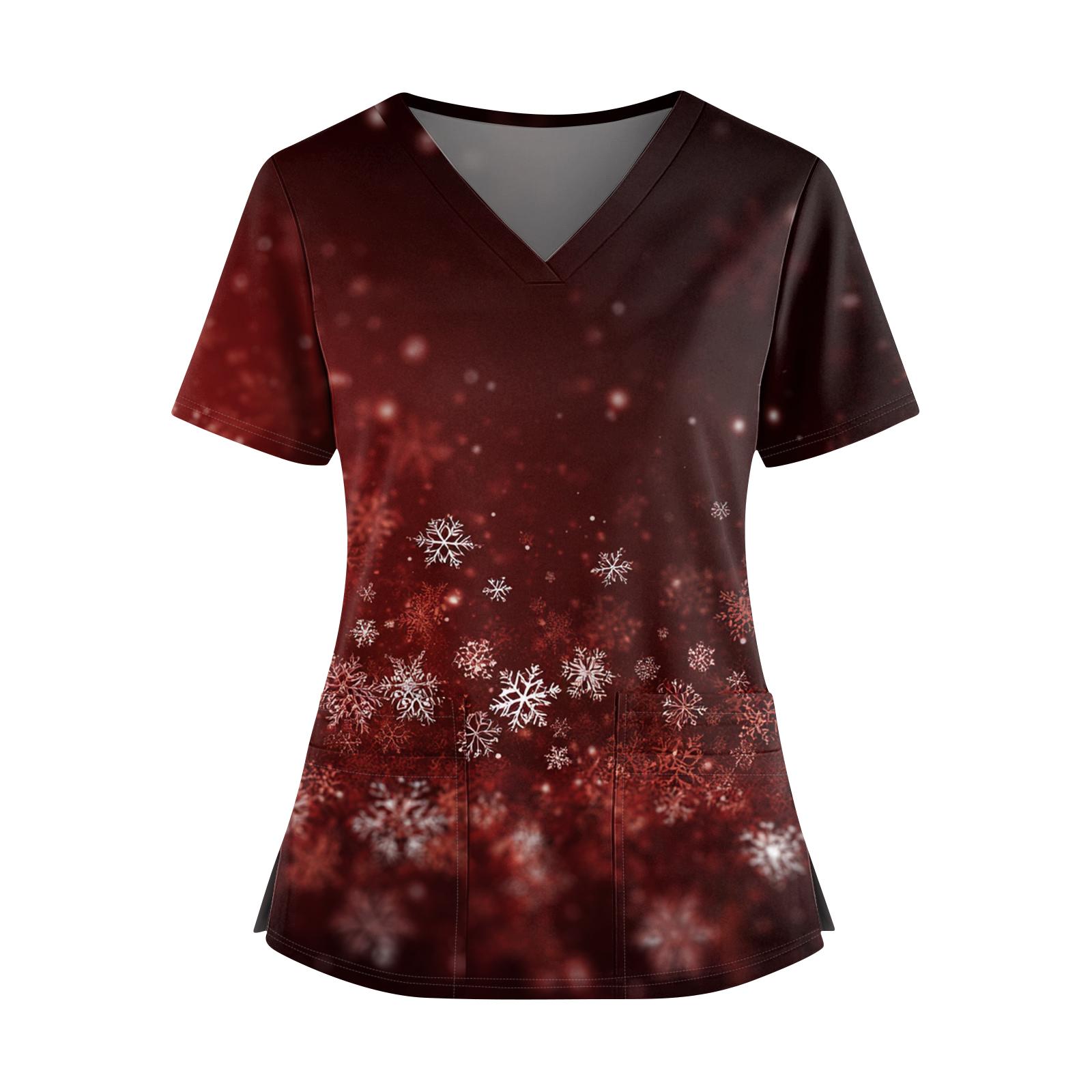 

Женский рождественский топ с принтом, V-образным вырезом, двумя карманами, короткими рукавами, разрезом по подолу, униформа для сиделки XXL