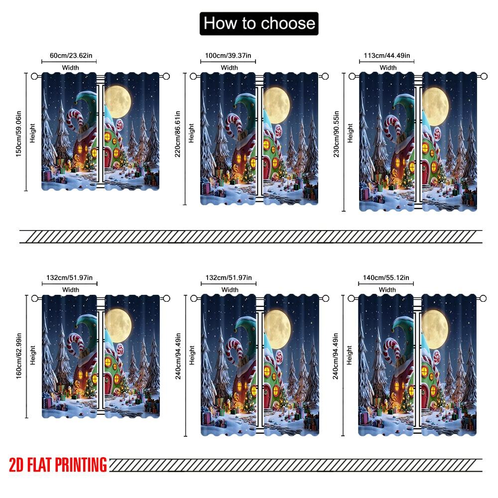 2pcs,2D Plane Printing Curtains&Window Treatment Christmas Elf House Versatile Polyester (without Rod) Decorations For Home