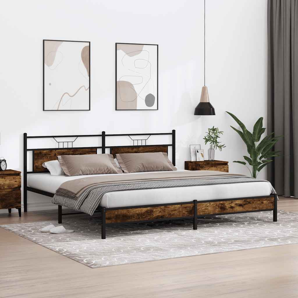 Metal Bed Frame Without Mattress Smoked Oak Finish 193 X 201 Cm