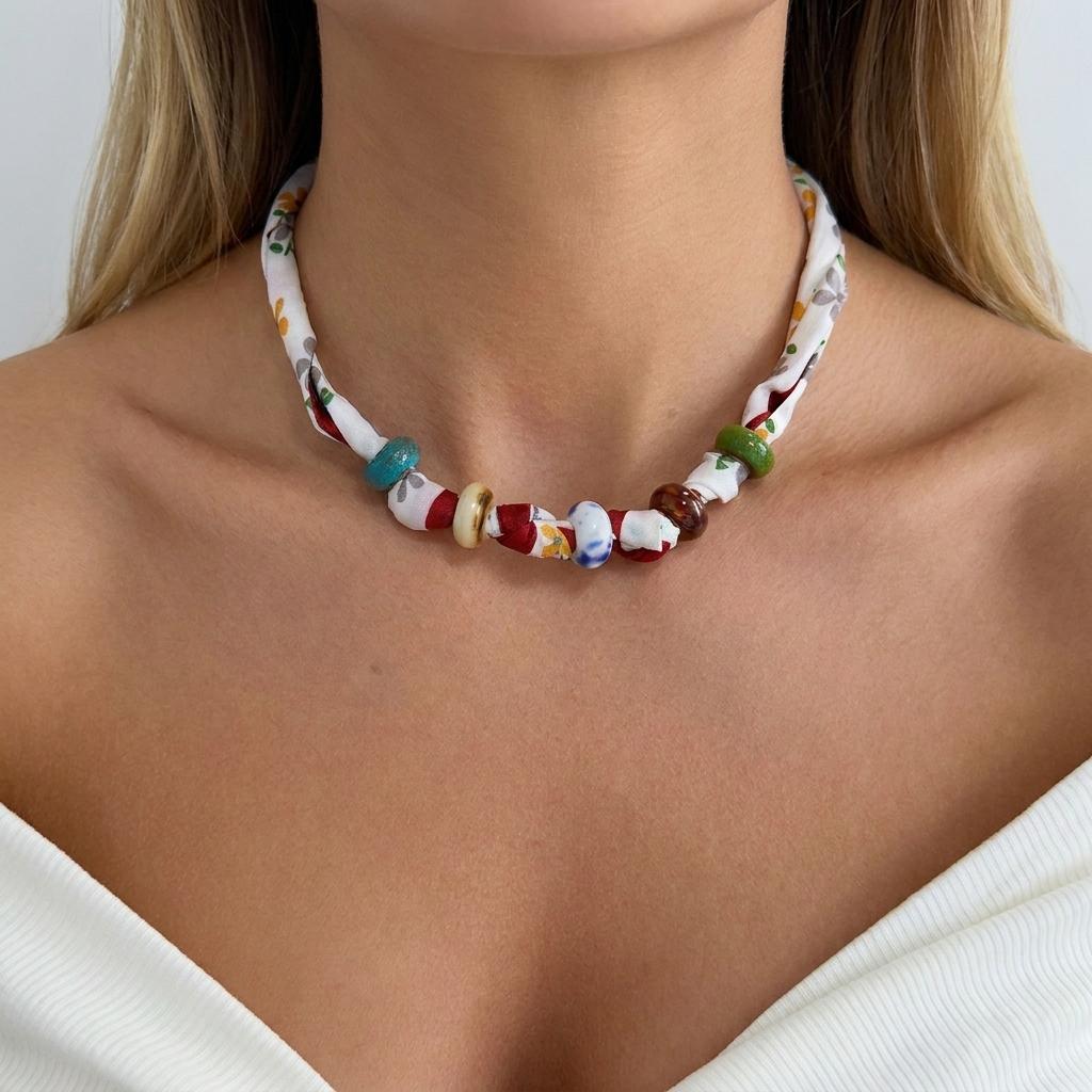 Boho Layered Sun Pendant Necklace For Women Seashell Silk Scarf Colorful Rice Beads Choker Summer Beach Vacation Jewelry Gifts