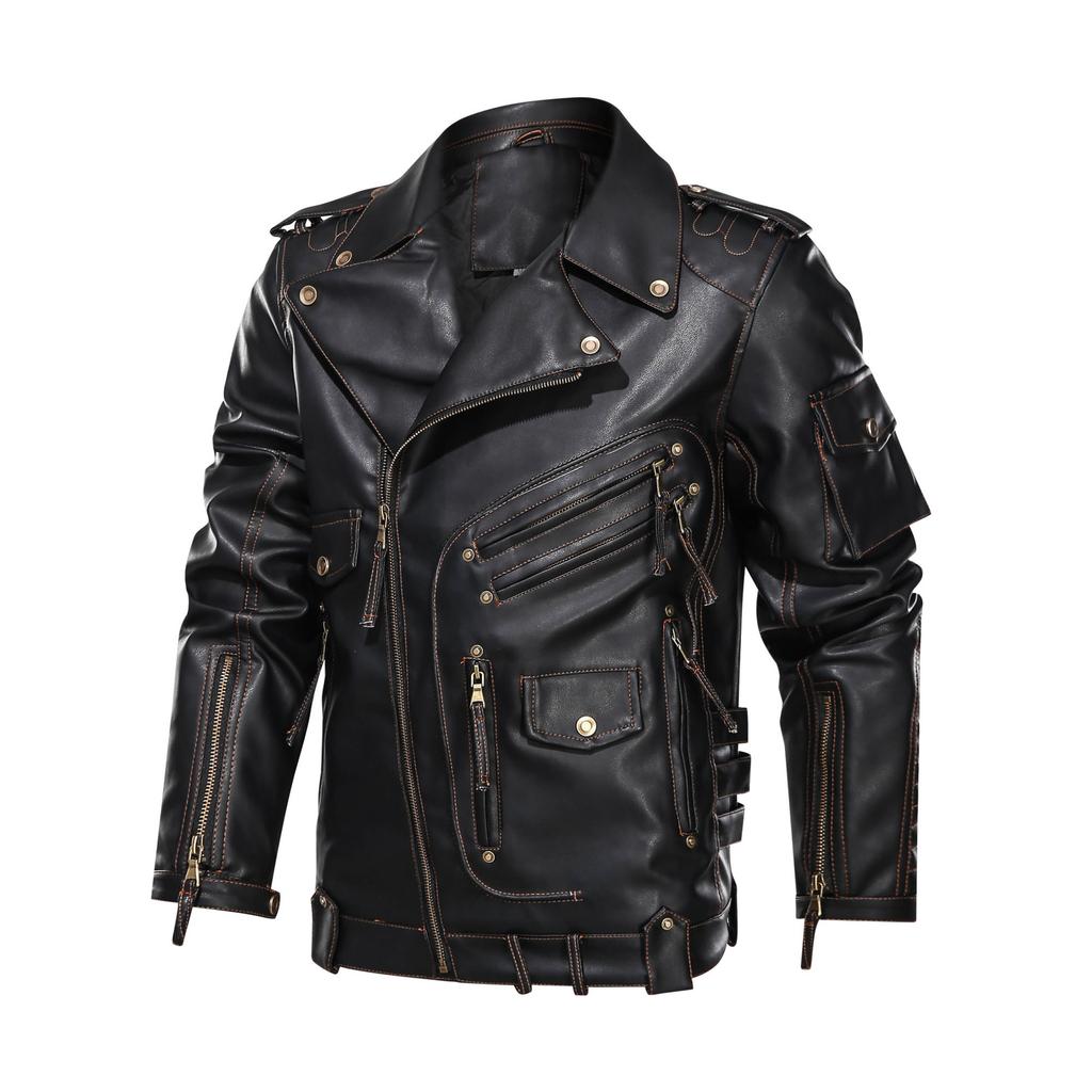 Model D three-dimensional multi-pocket zipper locomotive leather jacket retro jacket European size
