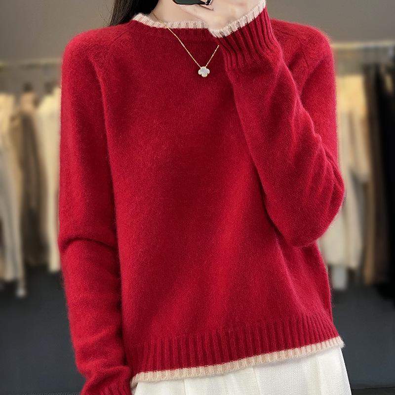 Damen Colorblock Rundhals Schlankmachender Wollstrick Pullover & Basisschicht