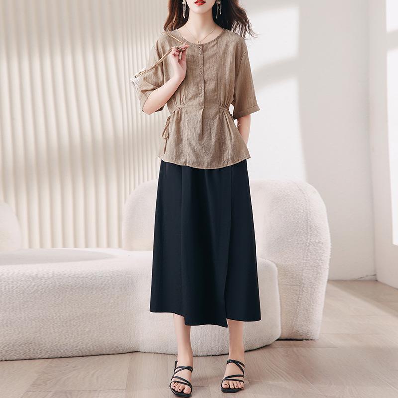2025 Summer Fashion Tencel Blouse & Midi Skirt Set for Women - Age-Reducing, Casual, Loose Fit 