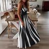 Women's Striped V-Neck Beach Dress Summer Sexy Stretchy Polyester Spandex Sleeveless Swimwear Cover Up Resort Wear Long Dress