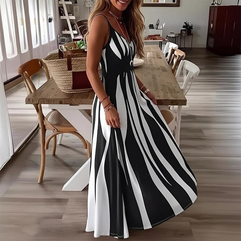 Women's Striped V-Neck Beach Dress Summer Sexy Stretchy Polyester Spandex Sleeveless Swimwear Cover Up Resort Wear Long Dress