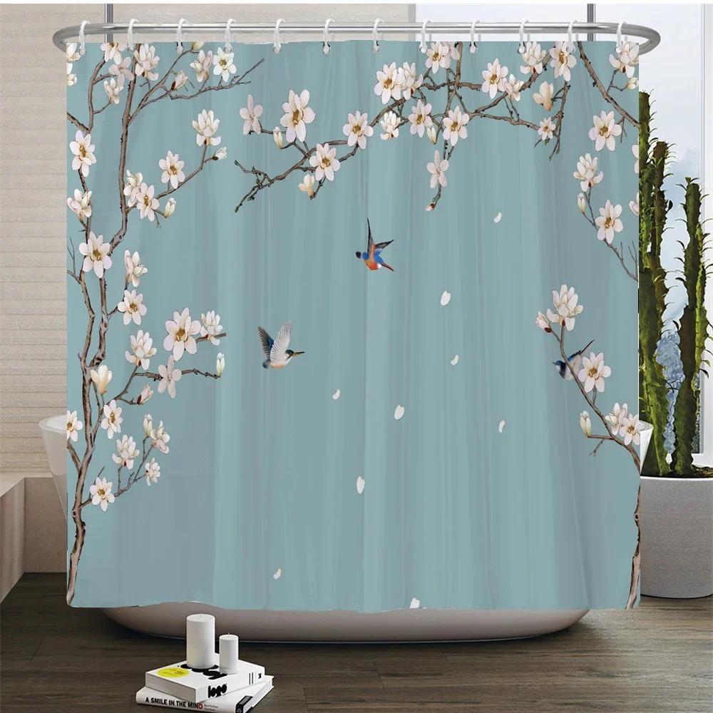 Plant Flowers and Birds Shower Curtain 180x180cm Floral Printed Shower Curtain Polyester Bath Curtain Bathroom Decor With Hooks