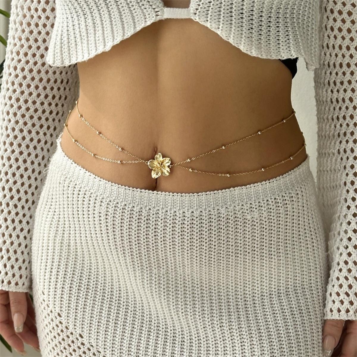 Double Layer Beads Chain Metal Flower Waist Chain For Women Men Bohemia Trend Butterfly Floral Splicing Belly Chain Body Jewelry
