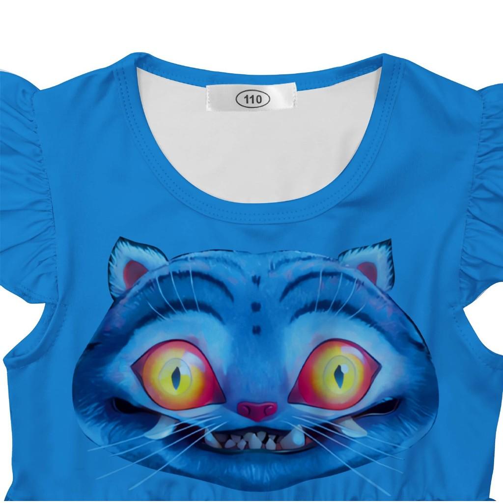 Kids Girls Anime Cartoon Blue Tiger Animals Monster Printed Ruffle Dress Halloween Cosplay Costumes