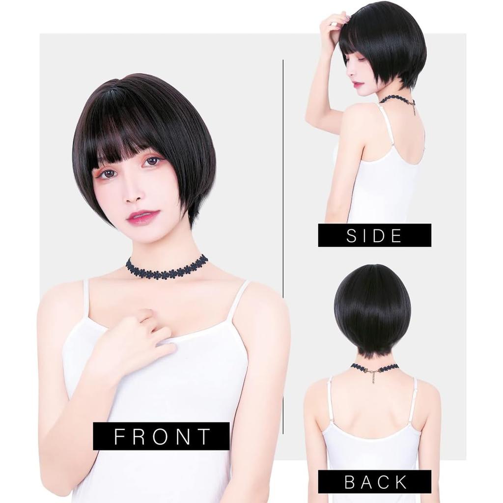 Perücke Kurzer Bob Hitzebeständig Vollperücke Schwarzes Haar Natürliche Runde Silhouette mit Perückennetz Rund Kurz Rein Schwarz [TefuRe] D-3110-PBk