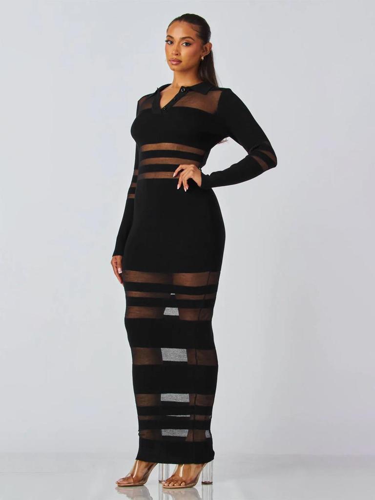 TW823 European and American Women's High-End Mesh Splicing Slim-Fit Waist-Cinched Long Dress for Autumn and Winter