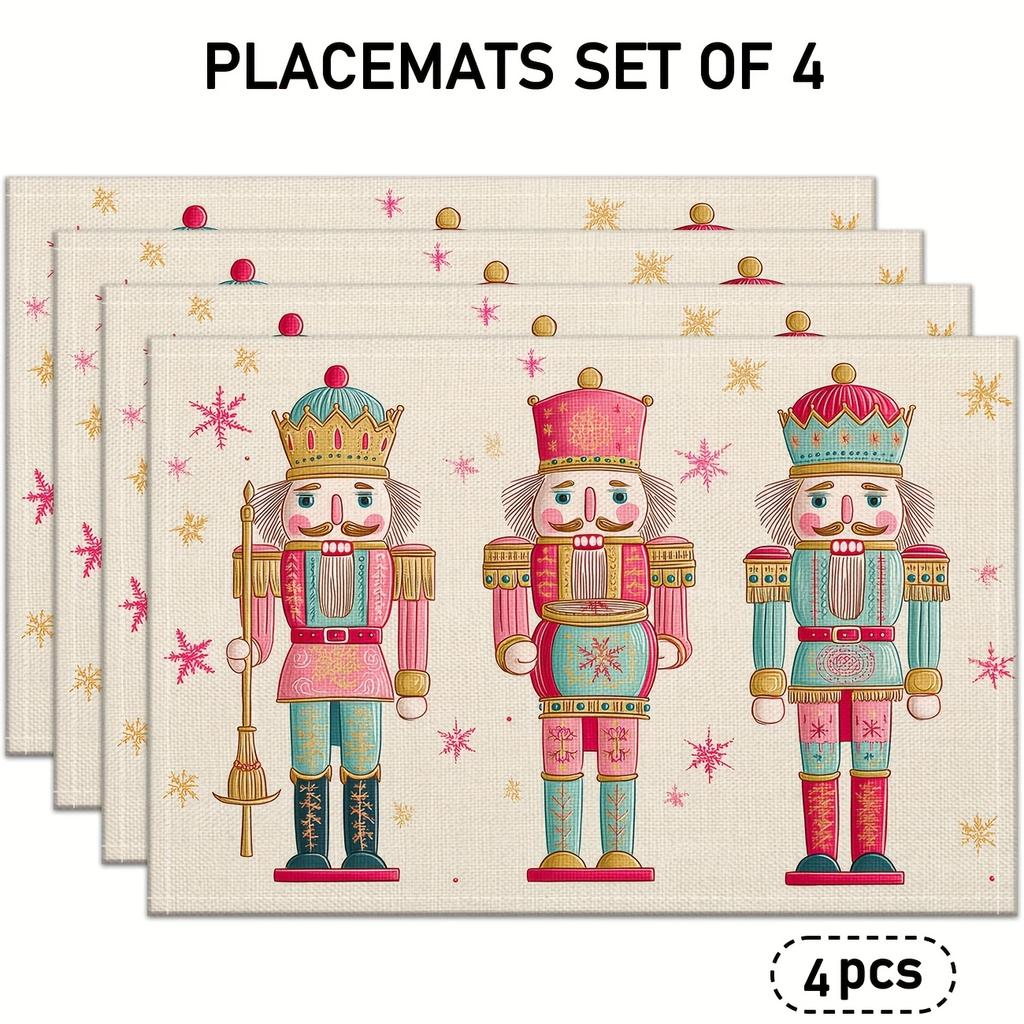 Set of 4 Christmas Nutcracker Placemats, Featuring Pink And Golden Snowflake Linen Table Mats, Suitable for Holiday Kitchen Table Decor, Everyday Use,
