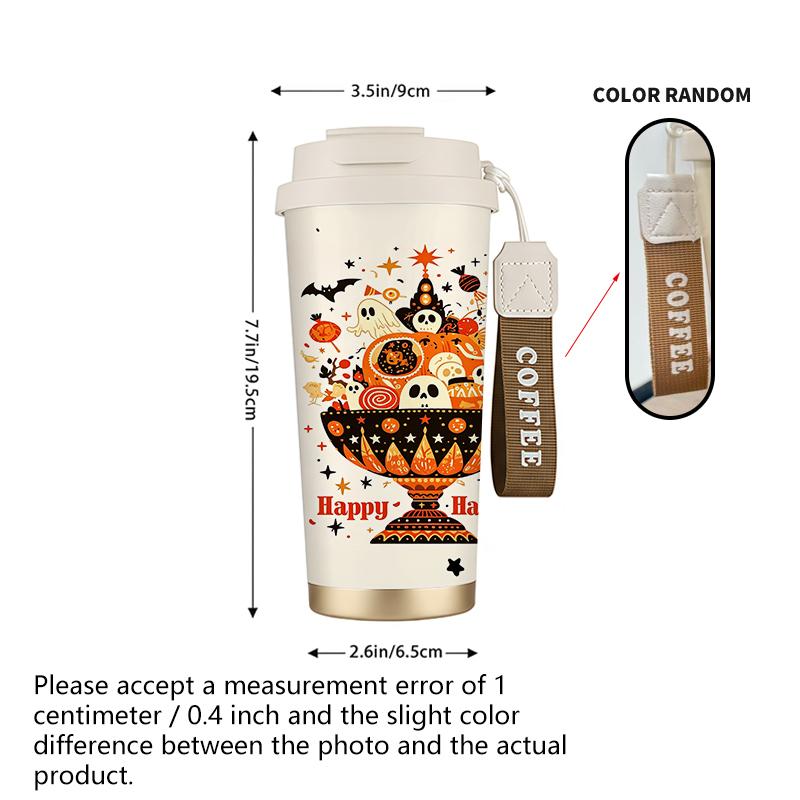 Halloween Coffee Cup 532ml Pattern Bowl Pumpkin Skull Candy Ghost MotifCarrier Strap Travel Cup Autumn Commuter Cup Flip Lid Coffee Cup