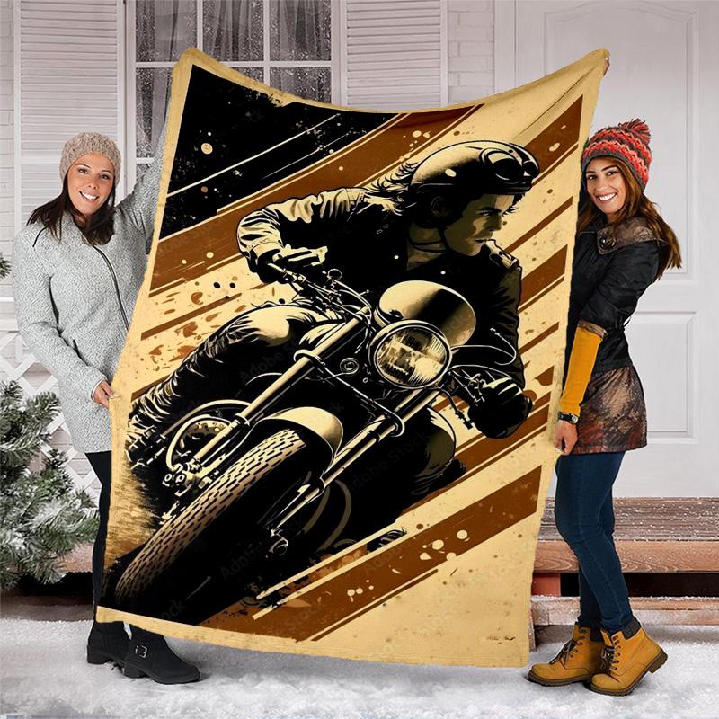 Vintage Motorcycle Sunset Fleece Printed Flannel Blanket, Warm Soft Throw Sofa Bed Blanket