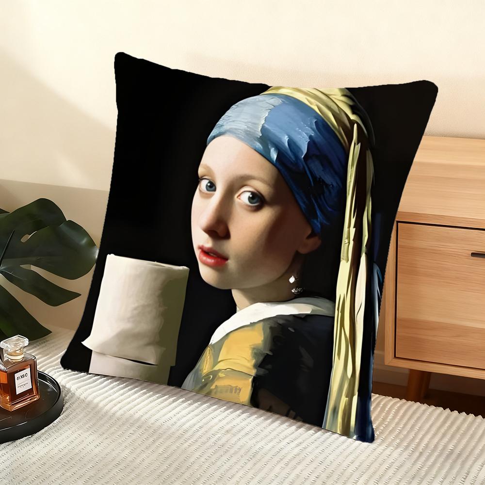 Mona Lisa Wearing Pearls Girl Cushion Cover Soft Short Plush Pillow Cover Smooth Cozy Texture Aesthetic Cushion Case Home Decor