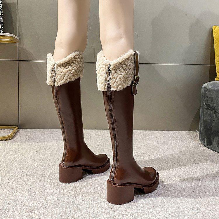Women's Fleece-Lined Over-the-Knee Cotton Boots with Chunky High Heels and Furry Slimming High-Shaft Design
