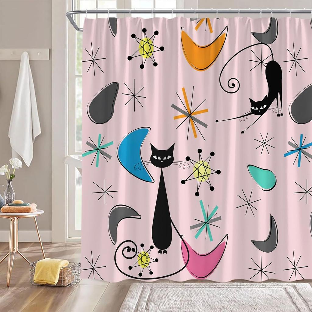 Mid Century Atomic Cat Shower Curtain Pink Gray Blue Modern Abstract Geometric Black Cat Retro 50S Fabric Bathroom Decor Curtain