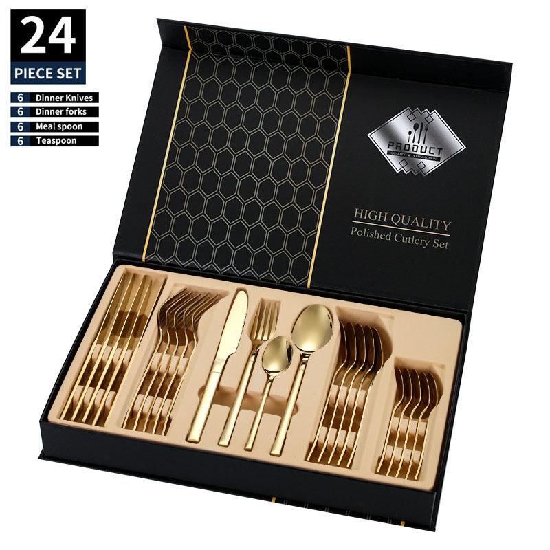 Stainless steel tableware, Knight series set, 24 piece Western style steak knife, fork, spoon set, gift box light luxury