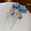 Ice quenched blue flower artificial crystal fringed earrings Cool wind temperament stud earrings Internet celebrity earrings