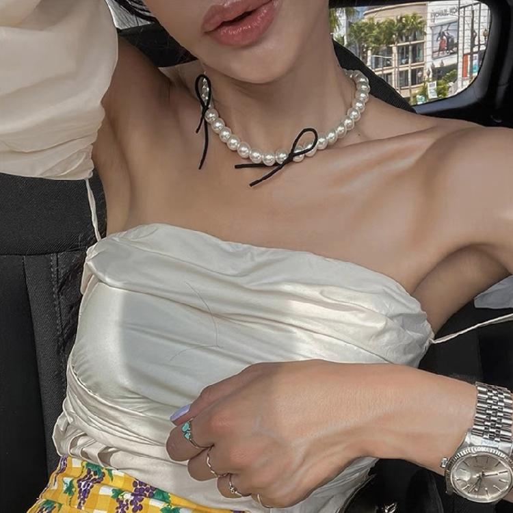 Temperament Crystal Pearls Bowknot Necklaces for Women Anniversary Jewelry