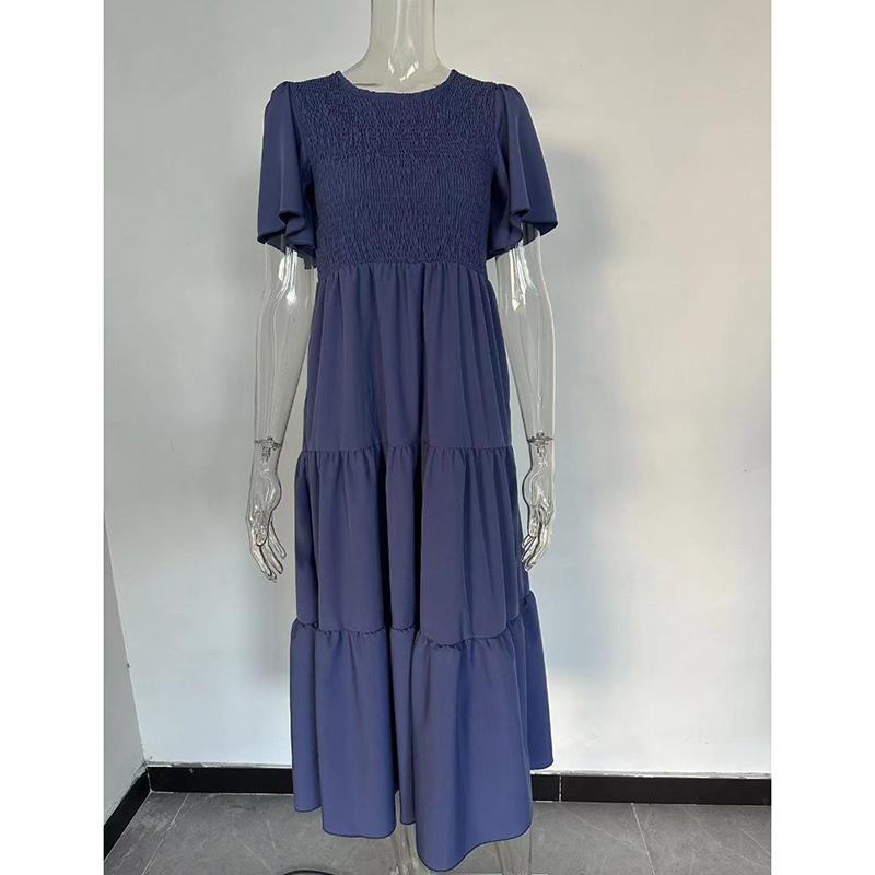 Fashion Slim Fit A Line Pleated Elegant Loose Dresses for Women Summer New Round Neck Casual Vacation Dress Women Vintage Plus Size Long Dress 26357