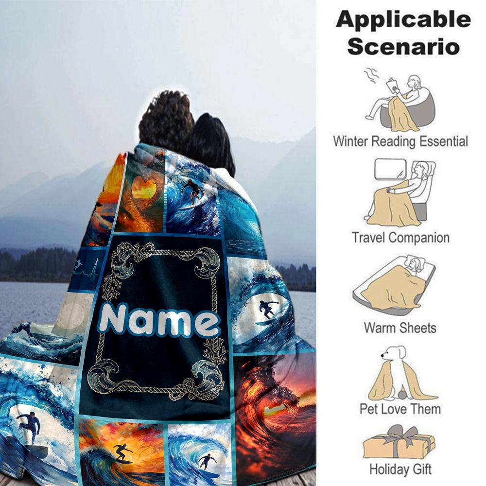 Surfing Waves Customize Your Name Home Blanket S Comfortable Soft Lightweight Allseason Multipurpose Blanket For Picnics Couches Offices Beds Living