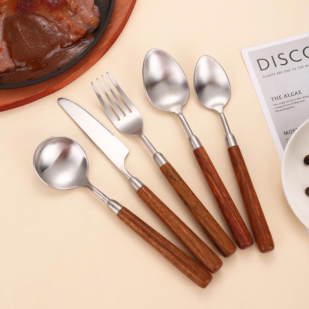 Solid wood handle western knife, fork and spoon set 304 stainless steel Japanese fork and spoon dessert spoon imitation rosewood tableware