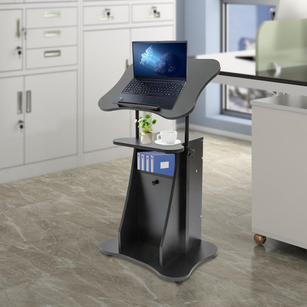 Mobile Laptop Podium, Height Adjustable Sit To Stand Desk with Tilting Desktop & Storage Cabinet, Ergonomic Rolling Lectern Cart