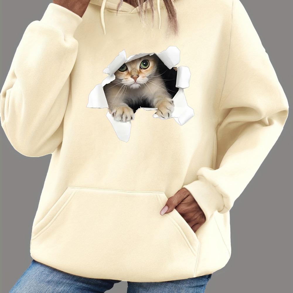 Women's Autumn and Winter Warm and Loose Casual 3D Cat Pattern Printed Velvet Long Sleeved Hooded Sweatshirt