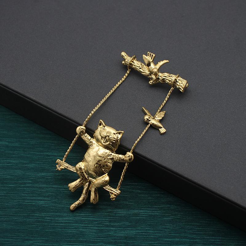 Брошь Преувеличенная Личность Ретро Животное Кот Брошь Аксессуары для Одежды Средневековая Брошь Животное Милая Позолоченная Настоящим Золотом