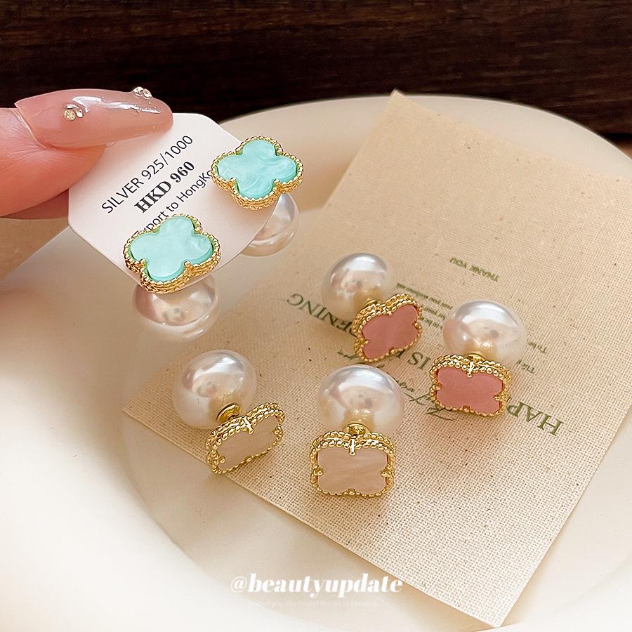 Silver Needle Retro Pearl Clover Geometric Stud Earrings - Elegant, High-End Design for Women