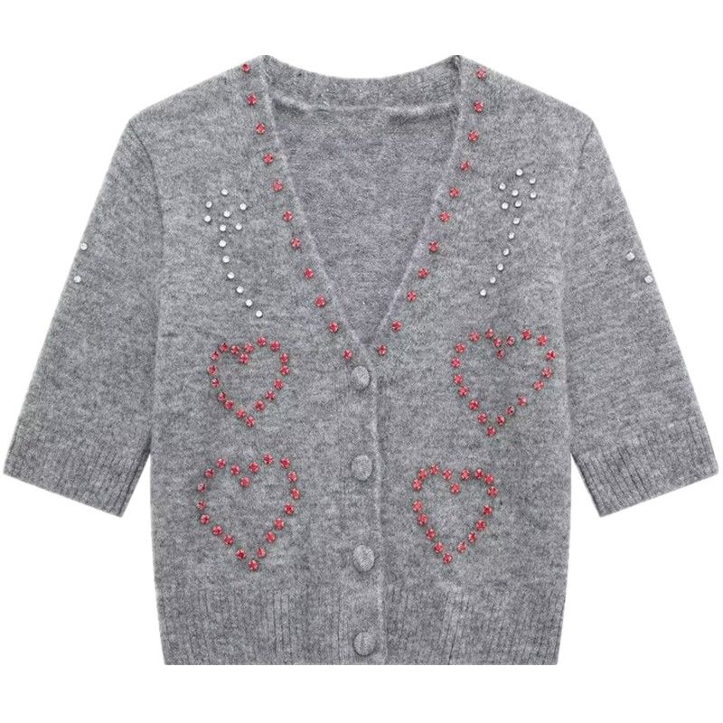 Fashion Style 2024 Spring New Arrival Women's Clothing Easiest for Match Jewelry Decoration Short Sleeve Knitting Cardigan 4331003