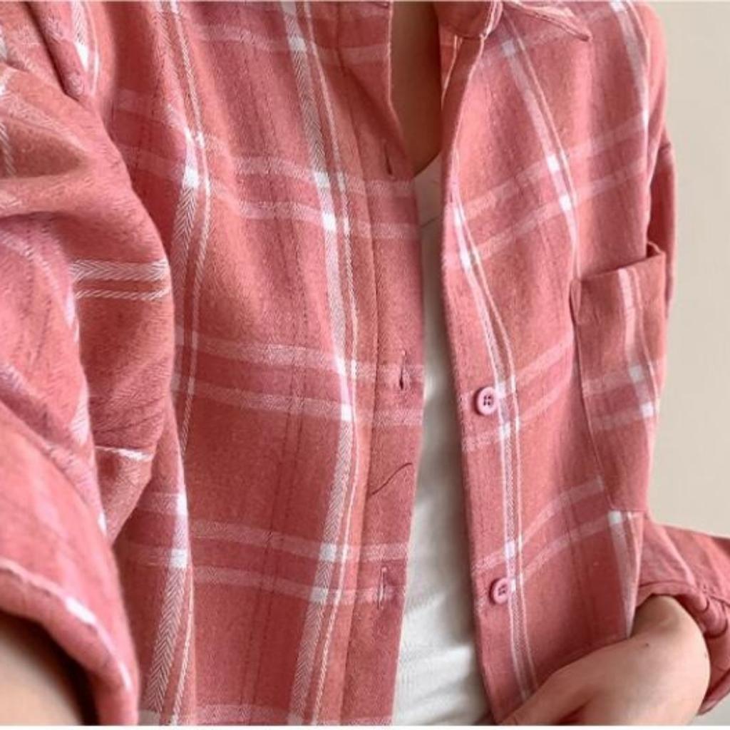 Retro Plaid Shirt Plain Tops Spring Autumn Lapel Long Sleeve Shirts Women Chic Loose Blouse Asian Size