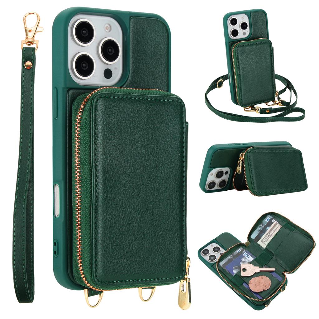 For iPhone 16 Pro Case RFID Blocking Zipper Wallet Leather + TPU Phone Cover with Shoulder Strap