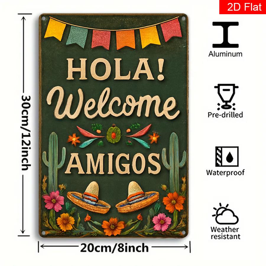 

Hola Amigos Metal Wall Art Colorful Mexican Party Welcome Sign with Bright Cacti and Sombrero Design Retro HomeCafe Decor 20x30cm（7.8x11.8inch）