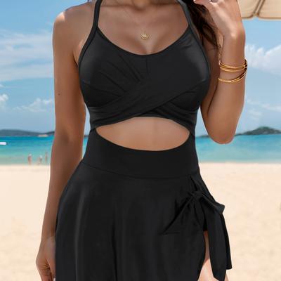 Costume da Bagno da Donna Nero Schiena Scoperta Legato Dietro Costume Intero con Cut-out Costume Bikini Abbigliamento da Spiaggia Costumi da Bagno