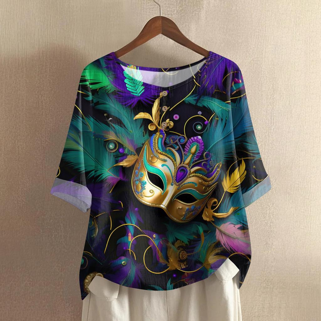 Women's Fashionable And Casual Shirt 3/4 Sleeve Round Neck Print Blouse Top