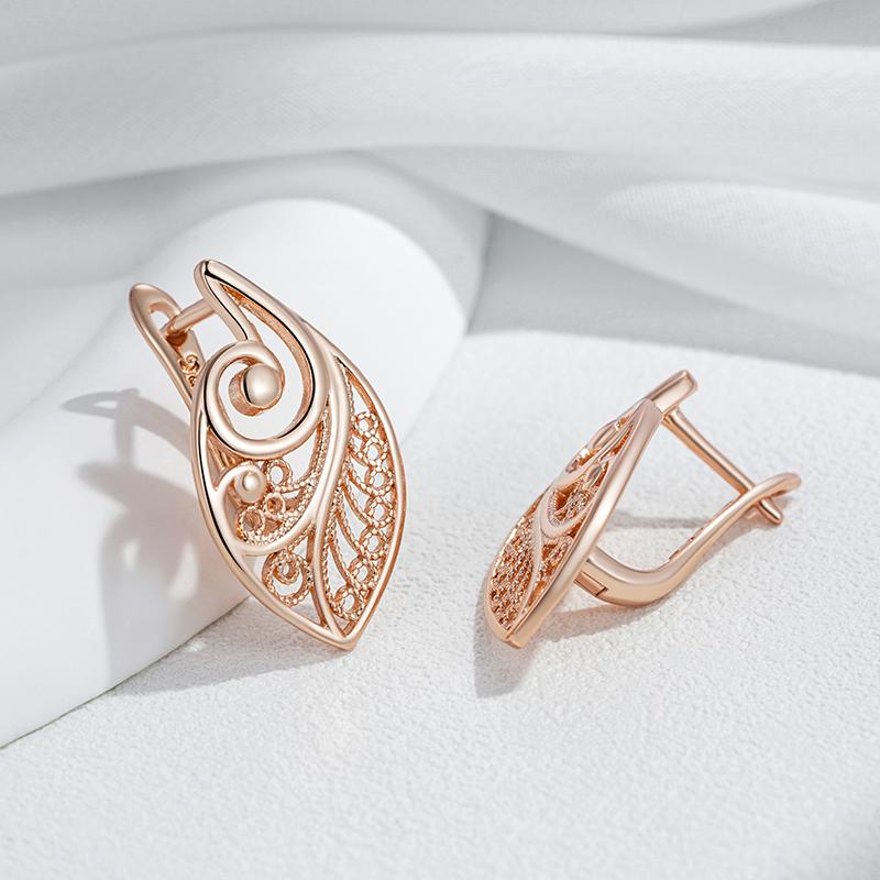Fashion Glossy  Rose Gold Color Ethnic Bridal Earrings Unusual Hollow Flower Drop Earrings For Women Daily Jewelry