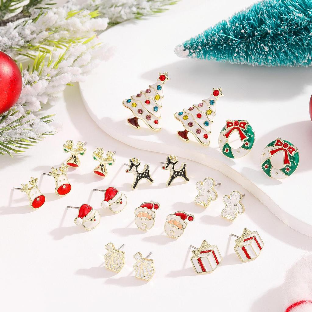 Festive Christmas Tree Stud Earrings with Colorful Enamel and Diamond Inlay