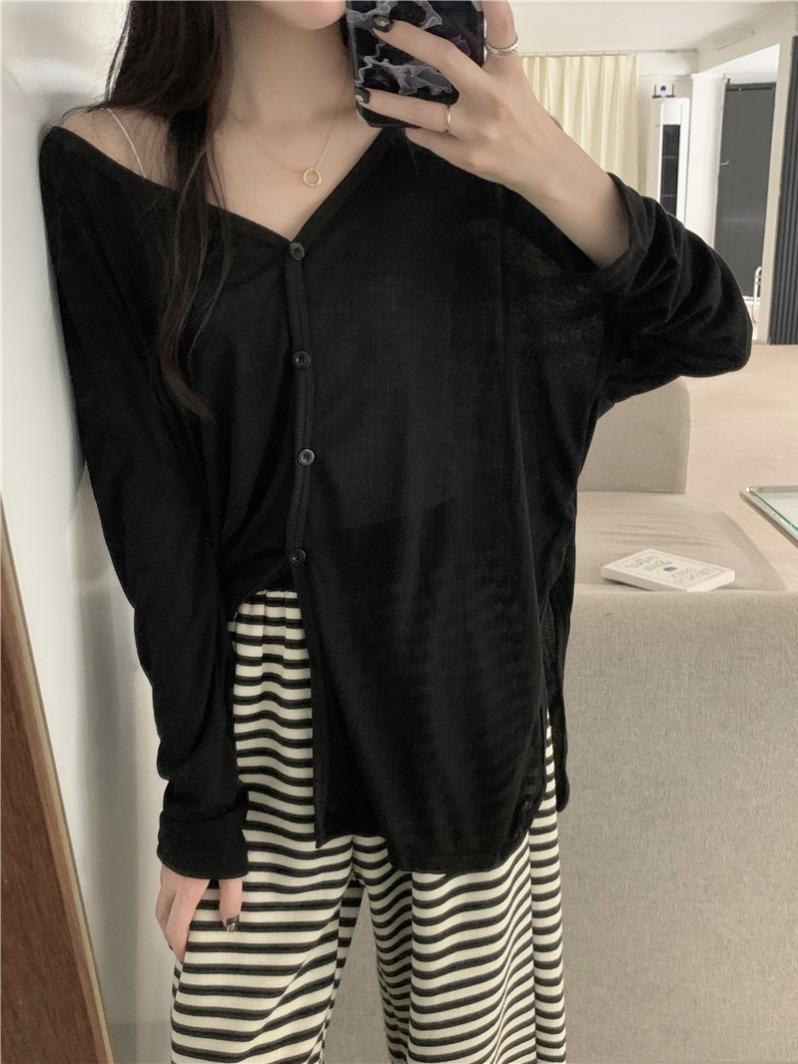 

Slack loose casual knitted cardigan jacket women s autumn new large size thin top sunscreen blouse XL чёрный