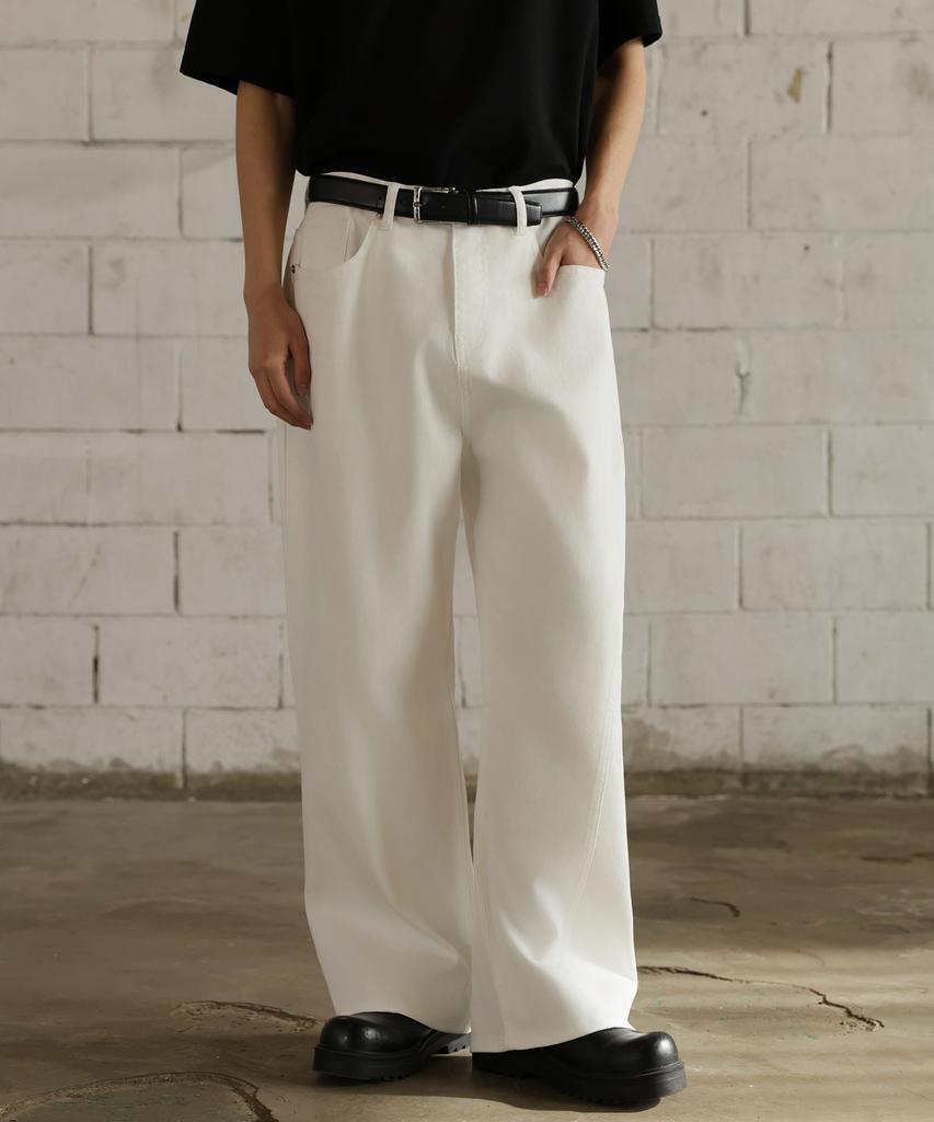 Jikeulib White Curved Cut-Line Wide Cotton Pants