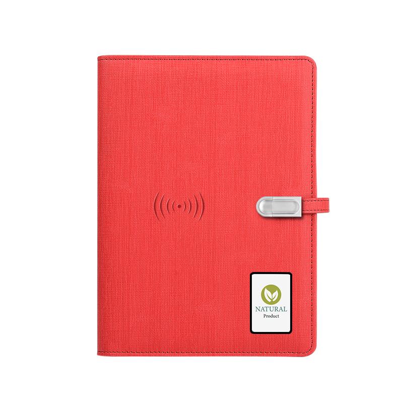 Custom Diary Planner Powerbank A5 Fingerprint Lock Smart Notebook Loose-Leaf Replaceable Paper Leather Smart Notebook (Red,A5&LED Lamp)