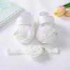 Witte Kant Baby Meisje Ledikant Schoentjes & Bijpassende Elastische Hoofdband Set, Pasgeboren Zacht Antislip Zool Satijnen Strik Bloemen Mary Jane Prinses Schoenen