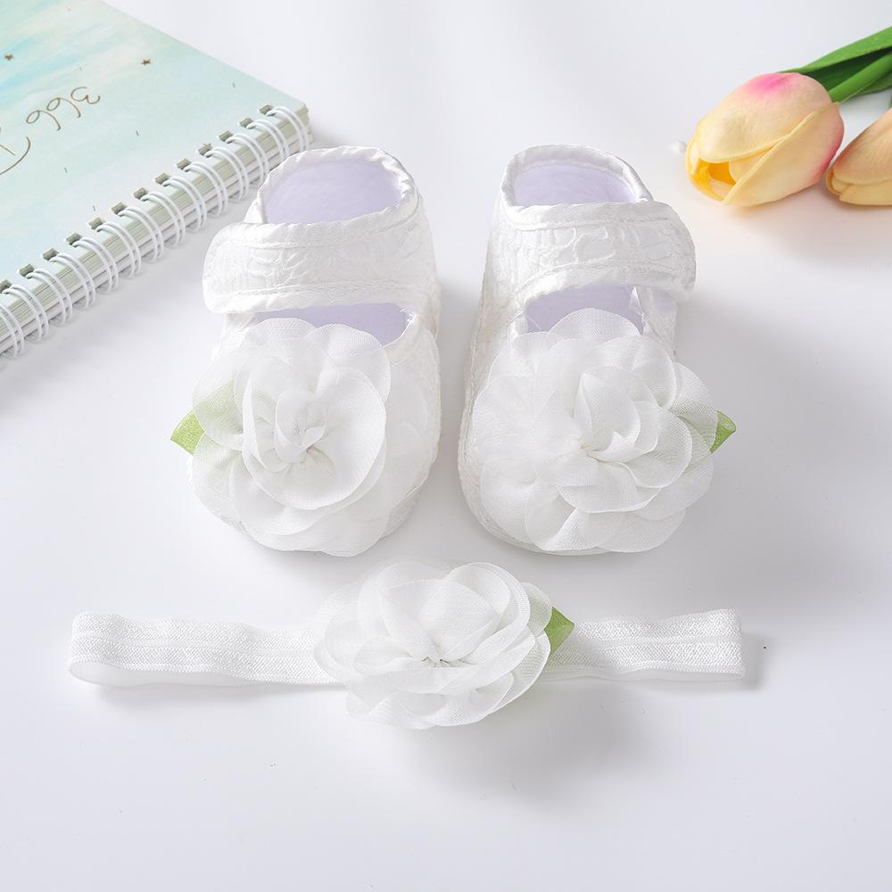 Witte Kant Baby Meisje Ledikant Schoentjes & Bijpassende Elastische Hoofdband Set, Pasgeboren Zacht Antislip Zool Satijnen Strik Bloemen Mary Jane Prinses Schoenen