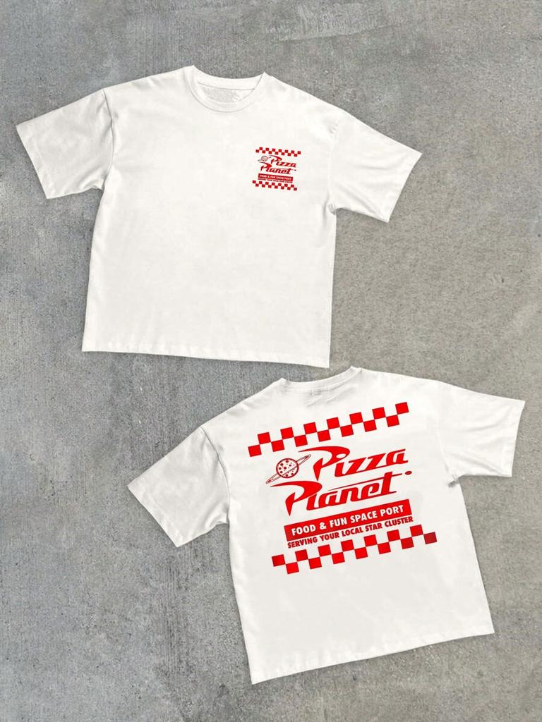 Men's Crew Neck Short Sleeve Casual T-Shirt 220gHeavy Double-Sided Digital Print Pizza Planet Checkered Logo 100% CottonT-Shirt