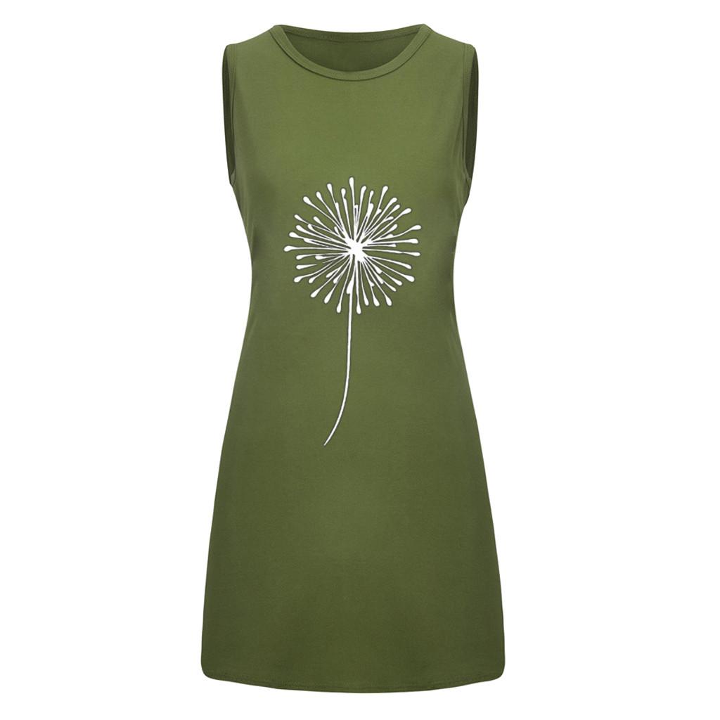 Fashion Womens Pocket Dandelions Printing Sleeveless Casual Nightdress Dresses